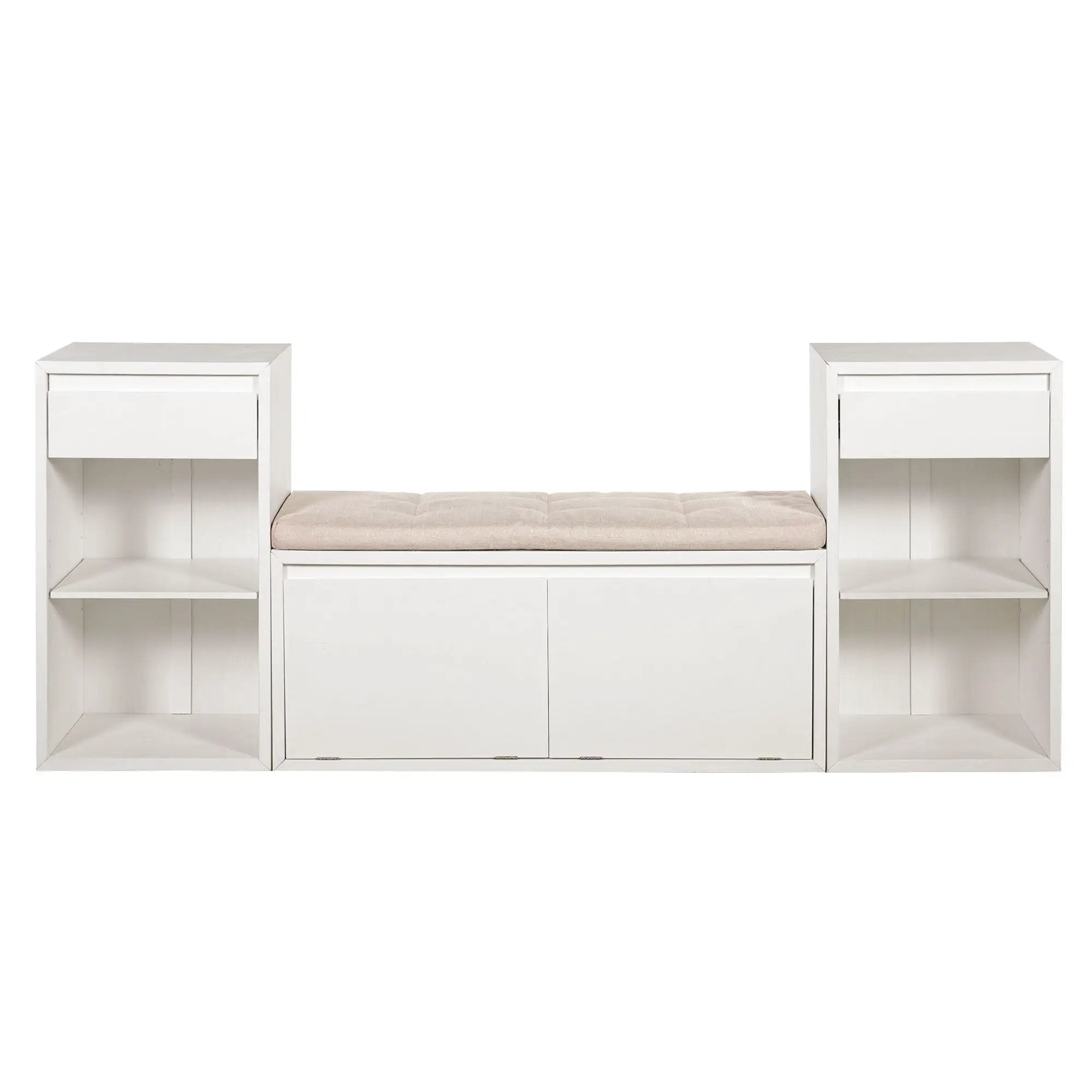 Entryway Storage Bench With Cushion, Drawers & Open Shelves