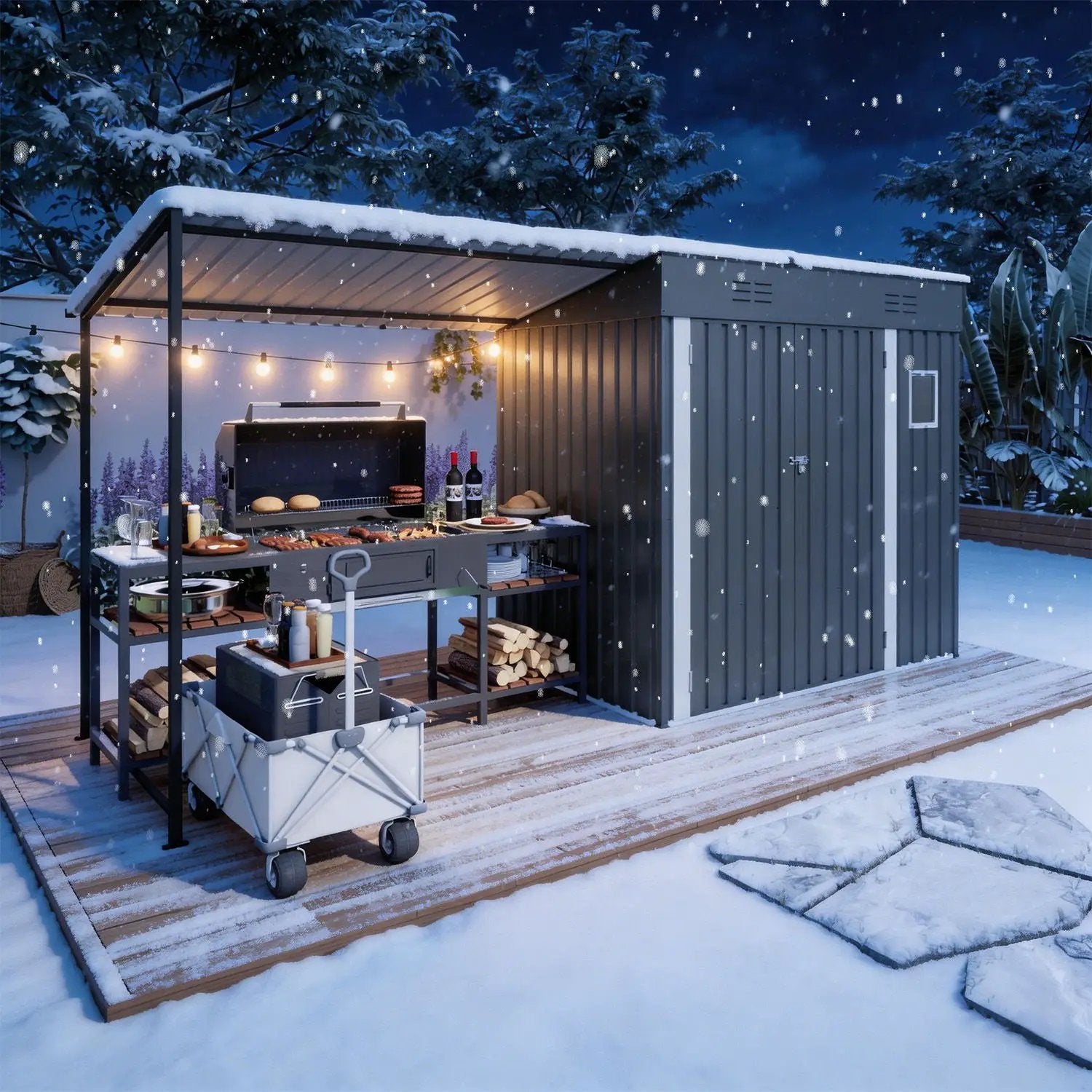Lean To Shed With Open Sided Pergola, Outdoor Storage Shed & Attached Hardtop Gazebo Combo - Gray by HouseOfZazla