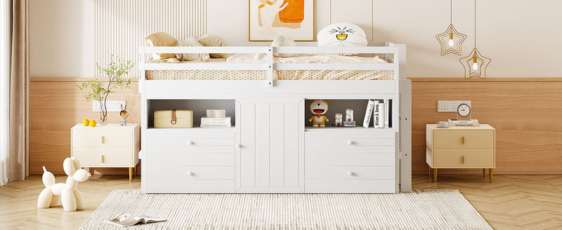 Loft Bed With 4 Drawers, Underneath Cabinet And Shelves