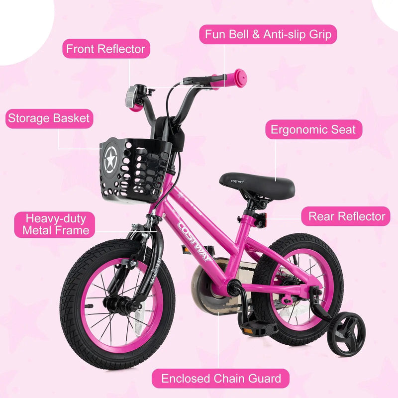 14 Inch Kids Bike Adjustable Bicycle with Front Basket for Children Aged 4-5 Years Old by DirectDeals