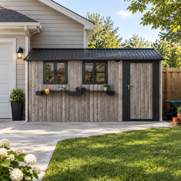 12x10 FT Outdoor Metal Storage Shed with 3 Clear Windows & Decorative Flower Rack, Lockable Single Door Tool Shed, Heavy Duty Waterproof Weatherproof Garden Shed for Backyard Patio Yard,Grey+Black