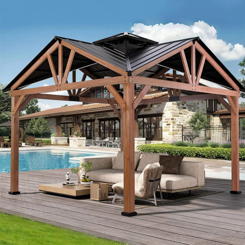 [12X12FT] Alora Premium Outdoor Cedar Wood Hardtop Gazebo With Galvanized Steel Roof (SAK31864) by SAKSBY WHOLESALE