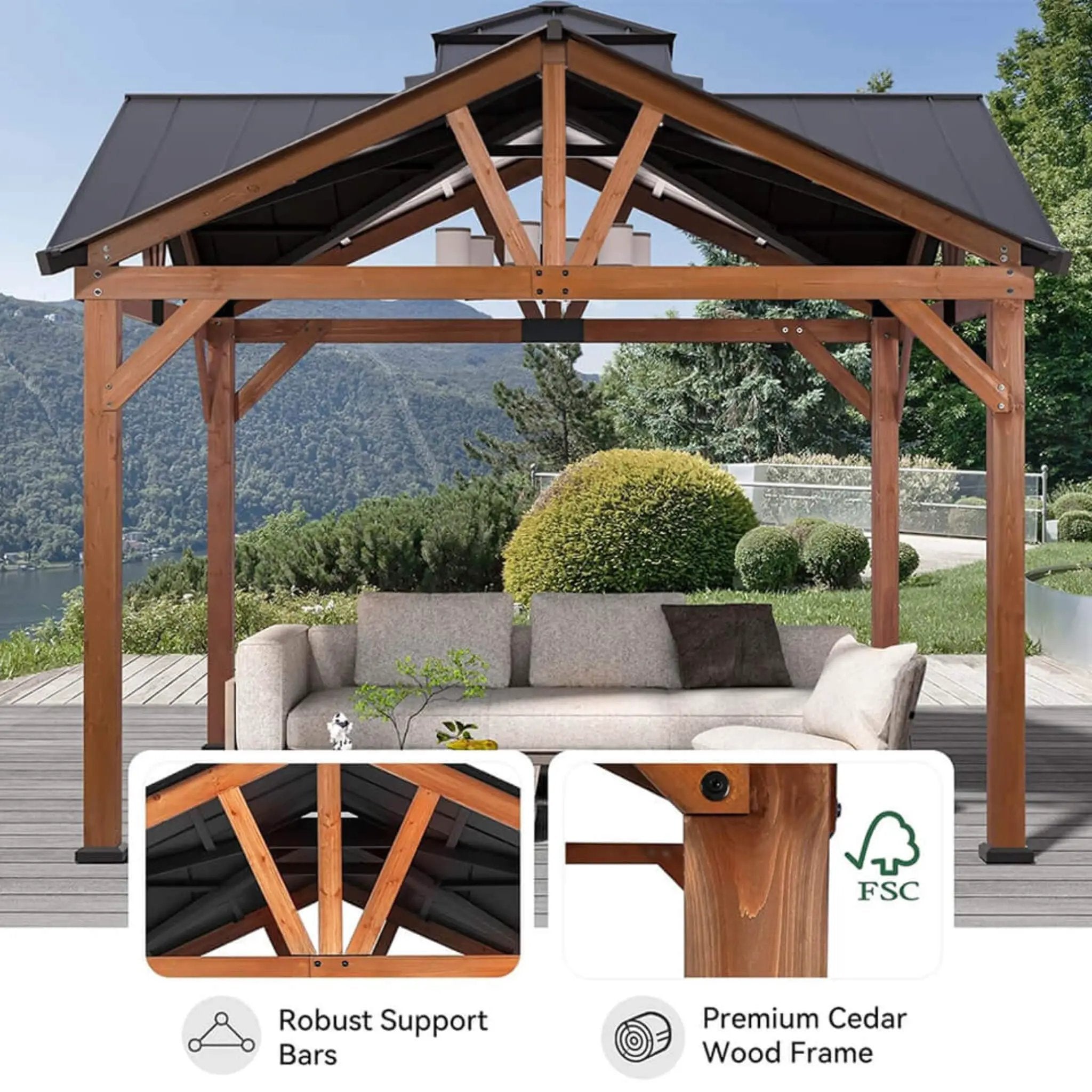 [12X12FT] Alora Premium Outdoor Cedar Wood Hardtop Gazebo With Galvanized Steel Roof (SAK31864) by SAKSBY WHOLESALE