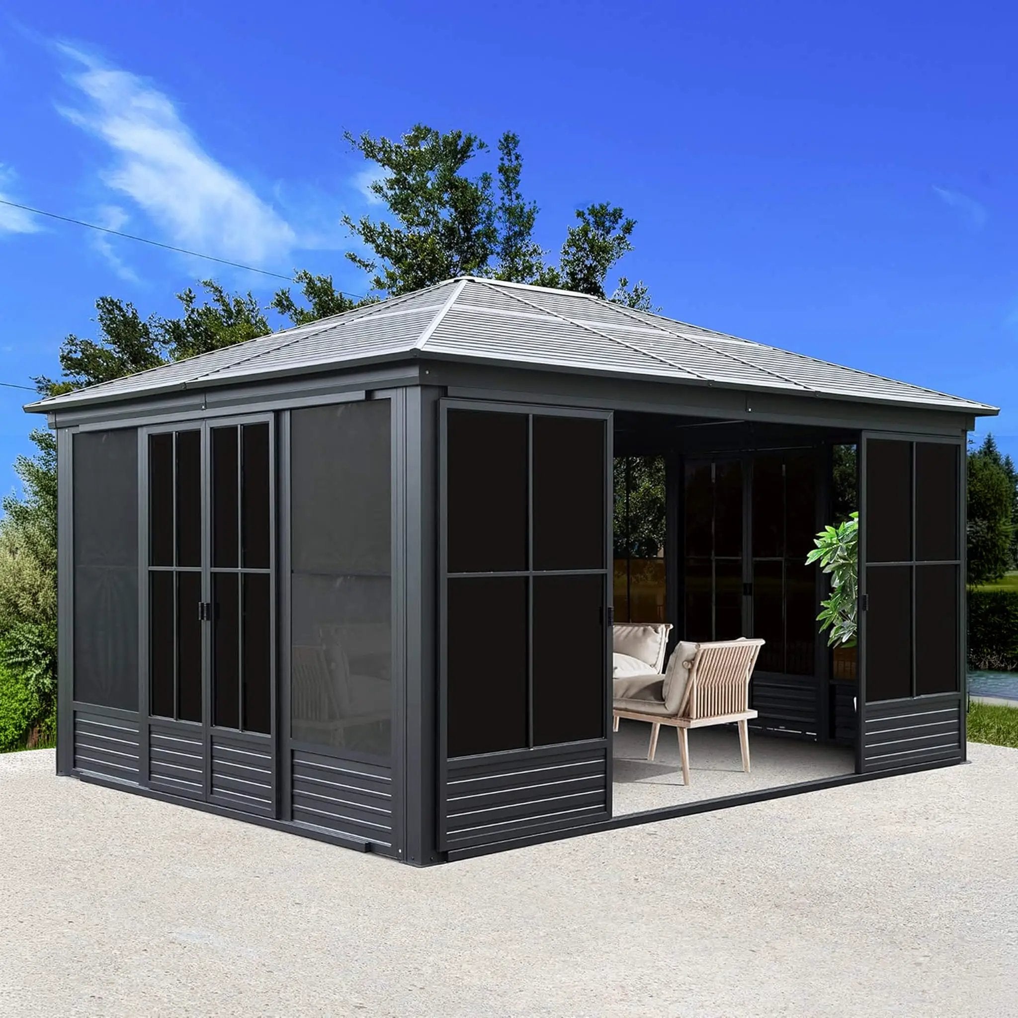 [12X14FT] Alora Serenity Premium All-Weather Outdoor Aluminum Sunroom With Galvanized Steel Hardtop Sloping Roof, Lockable Doors, And Moveable PC Screens (SAK76831) by SAKSBY WHOLESALE