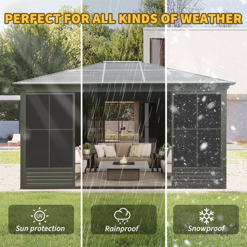 [12X14FT] Alora Serenity Premium All-Weather Outdoor Aluminum Sunroom With Galvanized Steel Hardtop Sloping Roof, Lockable Doors, And Moveable PC Screens (SAK76831) by SAKSBY WHOLESALE