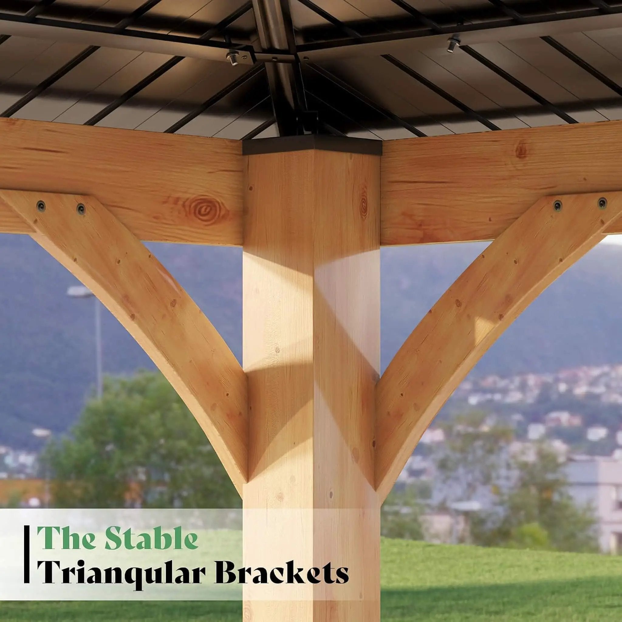 [12X14FT] Alora Modern Double-Tier Hardtop Spruce Wood Gazebo With Built-In Privacy Wall & Ceiling Hooks (SAK75086) by SAKSBY WHOLESALE