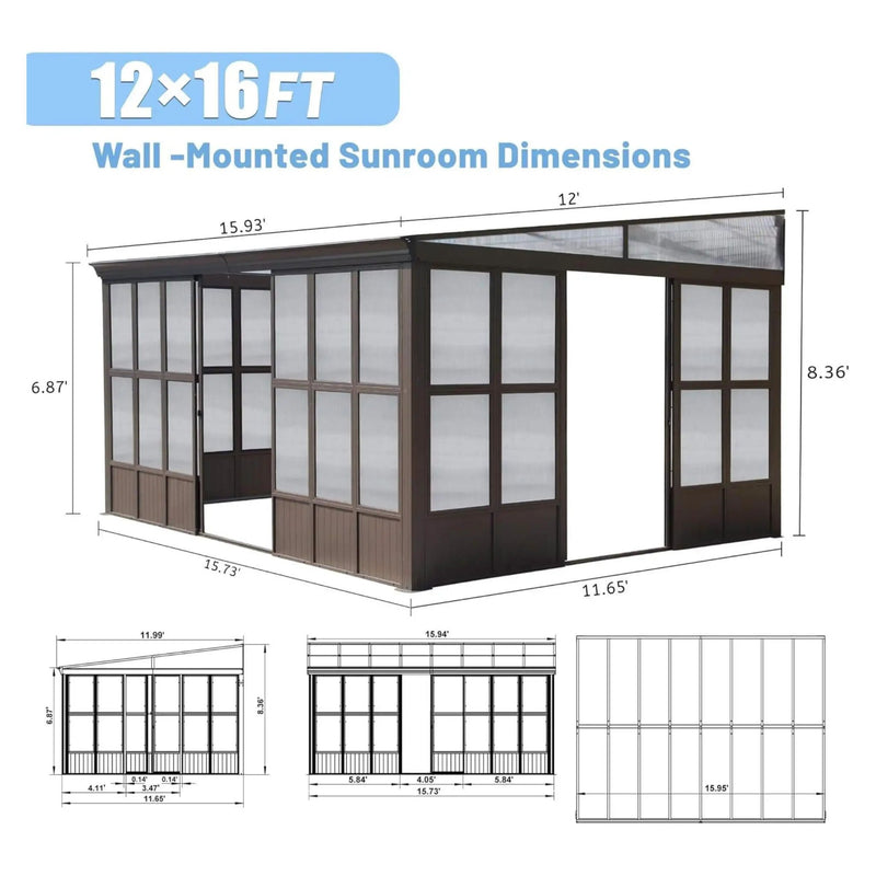 [12x16FT] Alora Pavilion Extra-Large All-Season Outdoor Wall-Mounted Sunroom Solarium With Detachable Polycarbonate Windows And Lockable Sliding Doors (SAK97835) by SAKSBY WHOLESALE