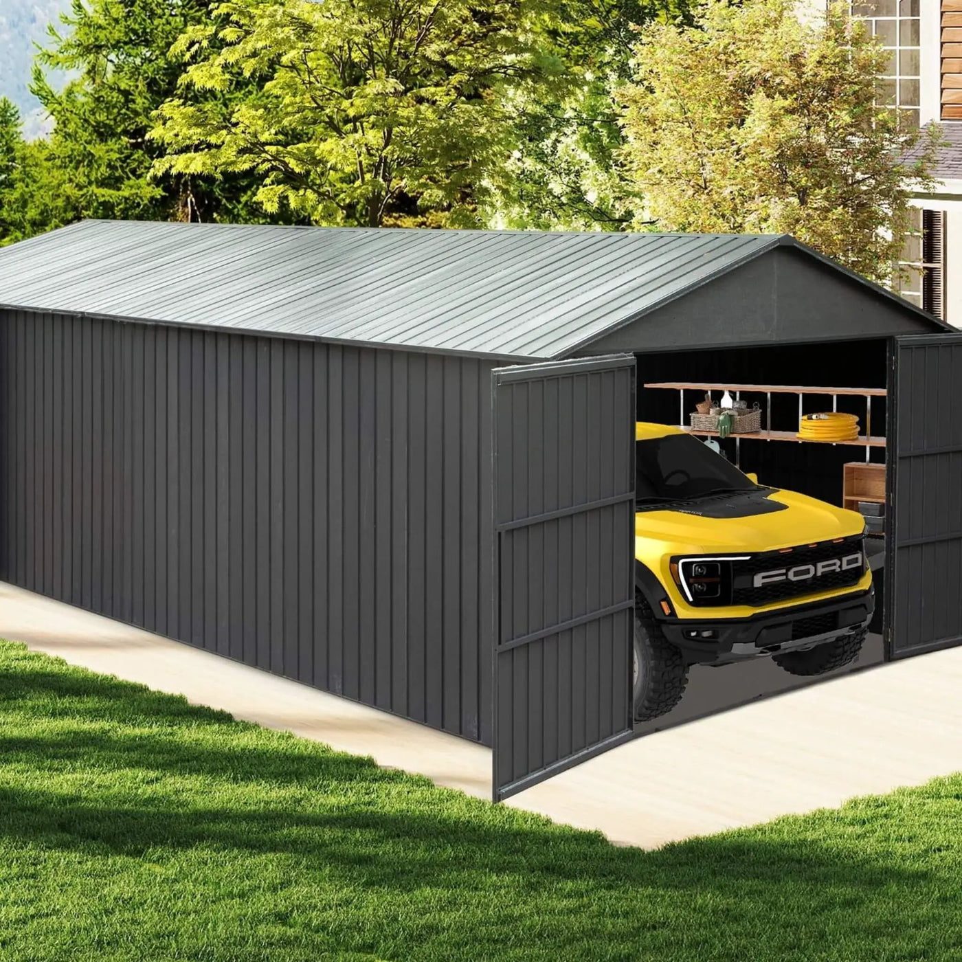 Extra-Large Outdoor Heavy-Duty Metal Garage Shed With Lockable Doors [No Floor] (SAK14093) by SAKSBY WHOLESALE
