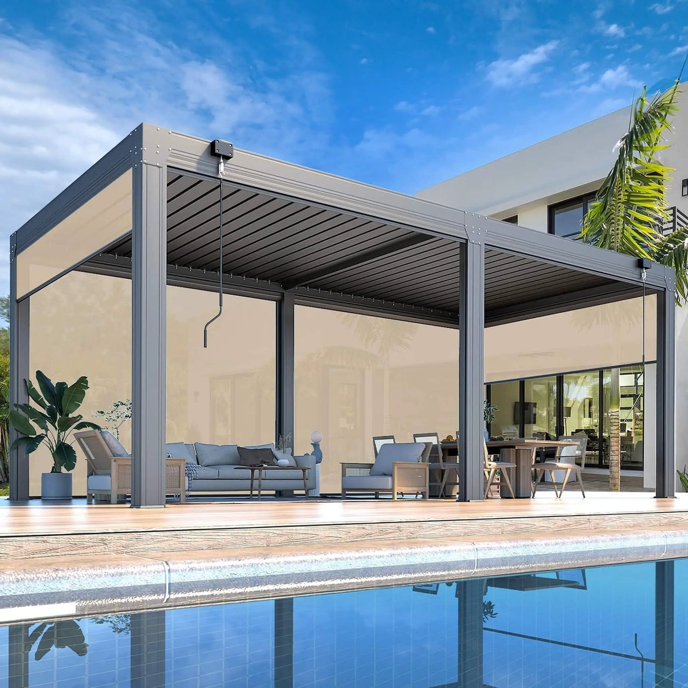 Alora Louvered Aluminum Pergola With Adjustable Roof And Pull-Down Screens (SAK46817) by SAKSBY WHOLESALE