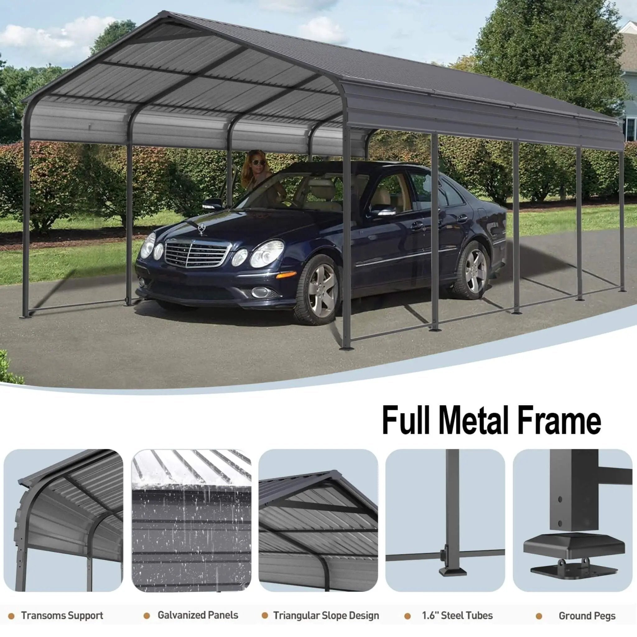[12X20FT] Alora Heavy-Duty Metal Carport With Galvanized Steel Roof For Car, Boats And Trucks, Gray (SAK95562) by SAKSBY WHOLESALE