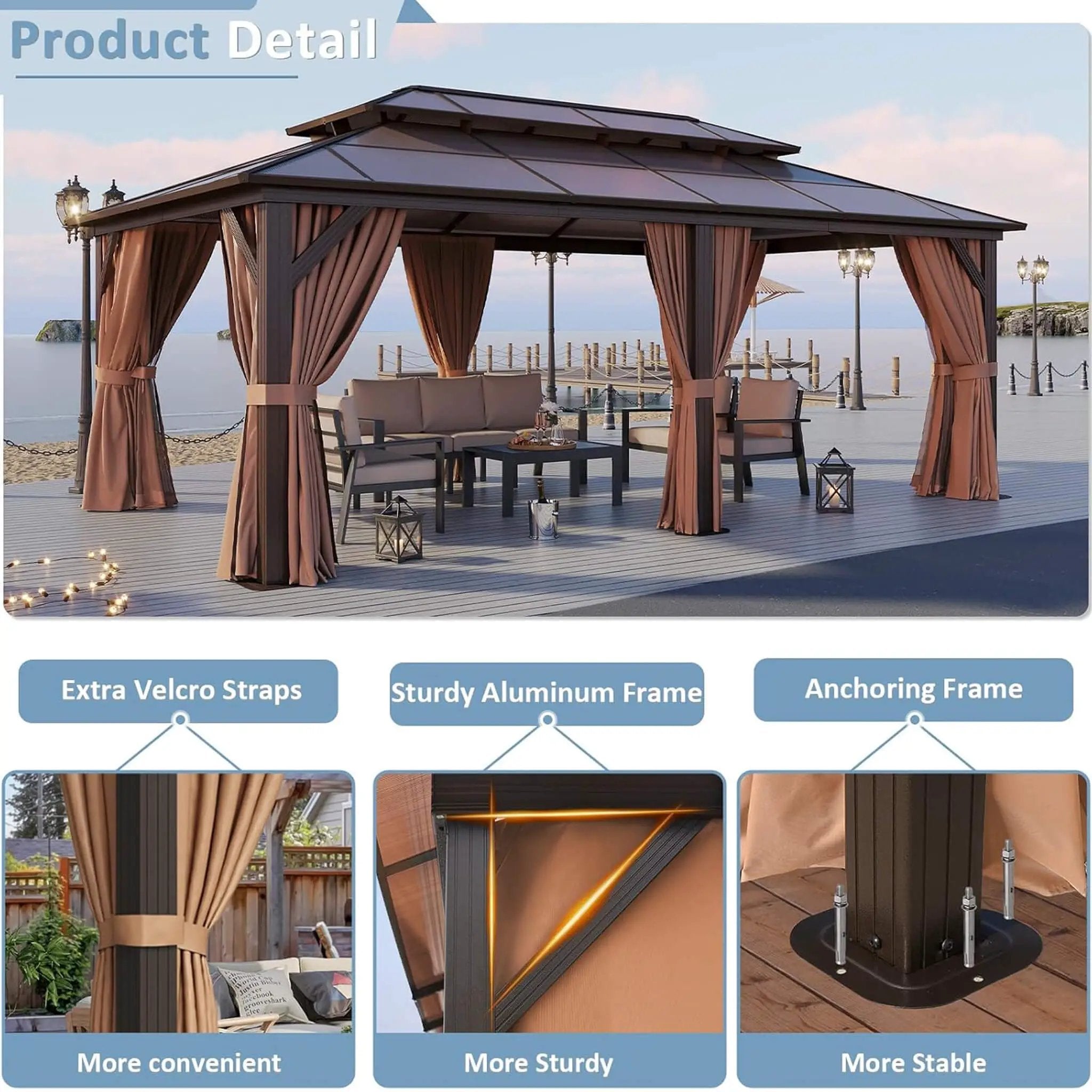 [12X20FT] Alora Premium Aluminum Outdoor Polycarbonate Hardtop Gazebo With Netting & Curtains (SAK36580) by SAKSBY WHOLESALE