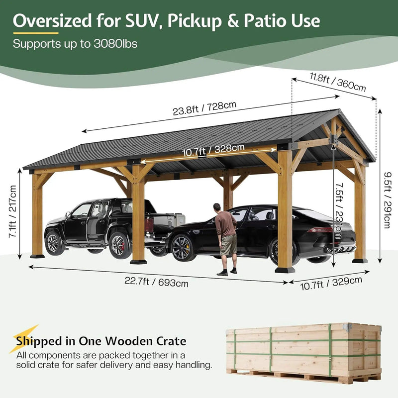 [12X24FT] Alora Large Heavy-Duty Outdoor Cedar Wood Hardtop Carport With Galvanized Steel Roof (SAK48392) by SAKSBY WHOLESALE