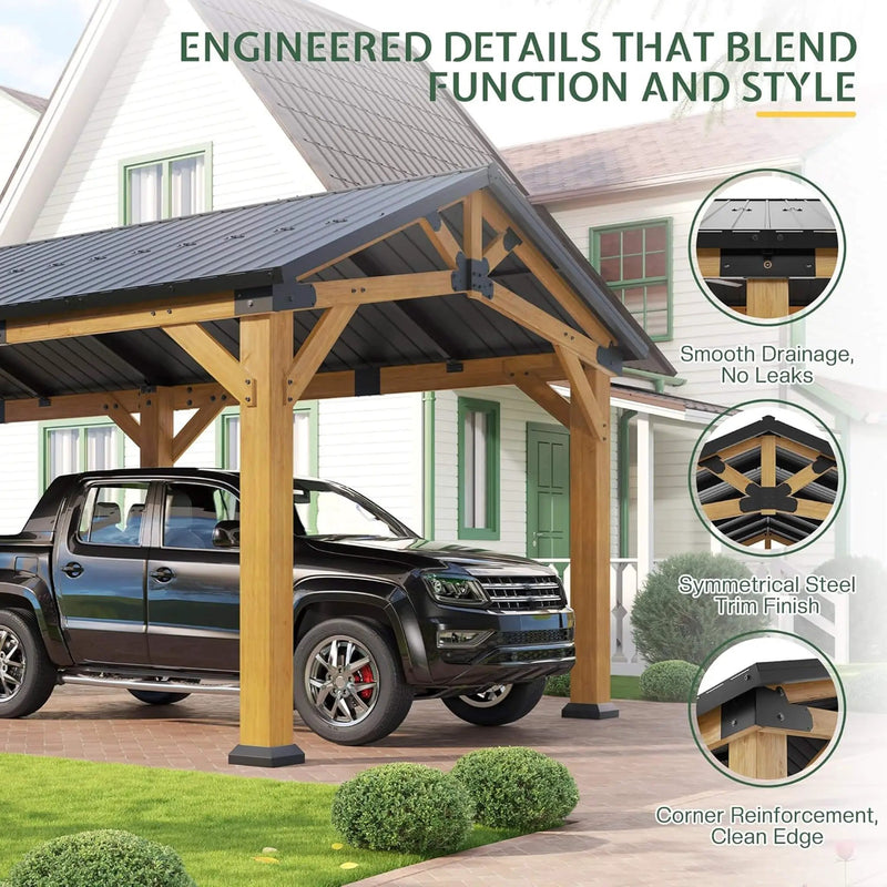 [12X24FT] Alora Large Heavy-Duty Outdoor Cedar Wood Hardtop Carport With Galvanized Steel Roof (SAK48392) by SAKSBY WHOLESALE