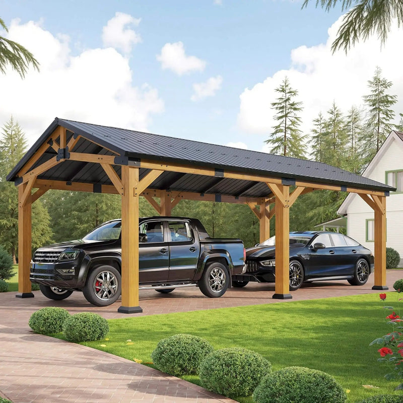 [12X24FT] Alora Large Heavy-Duty Outdoor Cedar Wood Hardtop Carport With Galvanized Steel Roof (SAK48392) by SAKSBY WHOLESALE