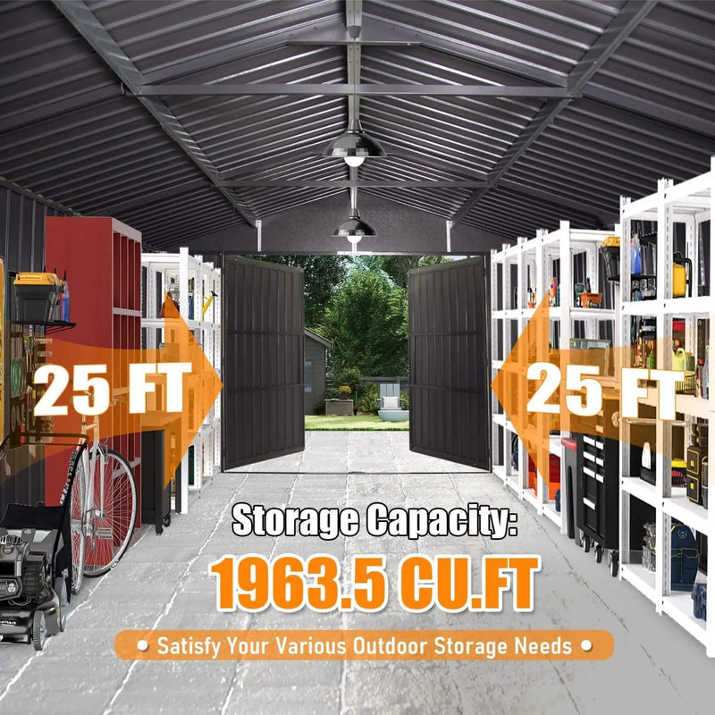 [12X25FT] Alora Extra Large Heavy-Duty Outdoor Metal Carport Garage Shed With Lockable Double Hinged Doors (SAK34153) by SAKSBY WHOLESALE