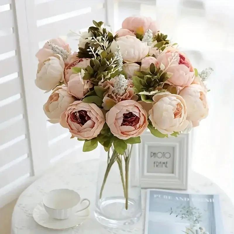 13 Branches Realistic Peony Silk Flower Bouquet Champagne by House Of Avana