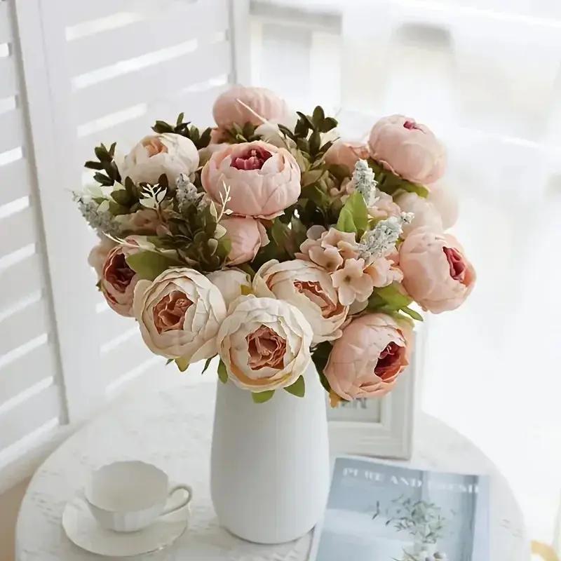 13 Branches Realistic Peony Silk Flower Bouquet Champagne by House Of Avana