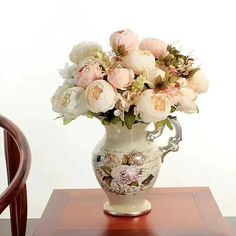 13 Branches Realistic Peony Silk Flower Bouquet Champagne by House Of Avana