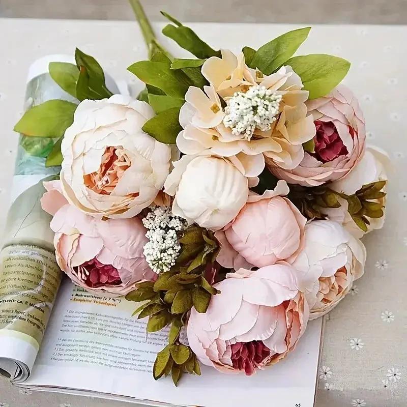 13 Branches Realistic Peony Silk Flower Bouquet Champagne by House Of Avana