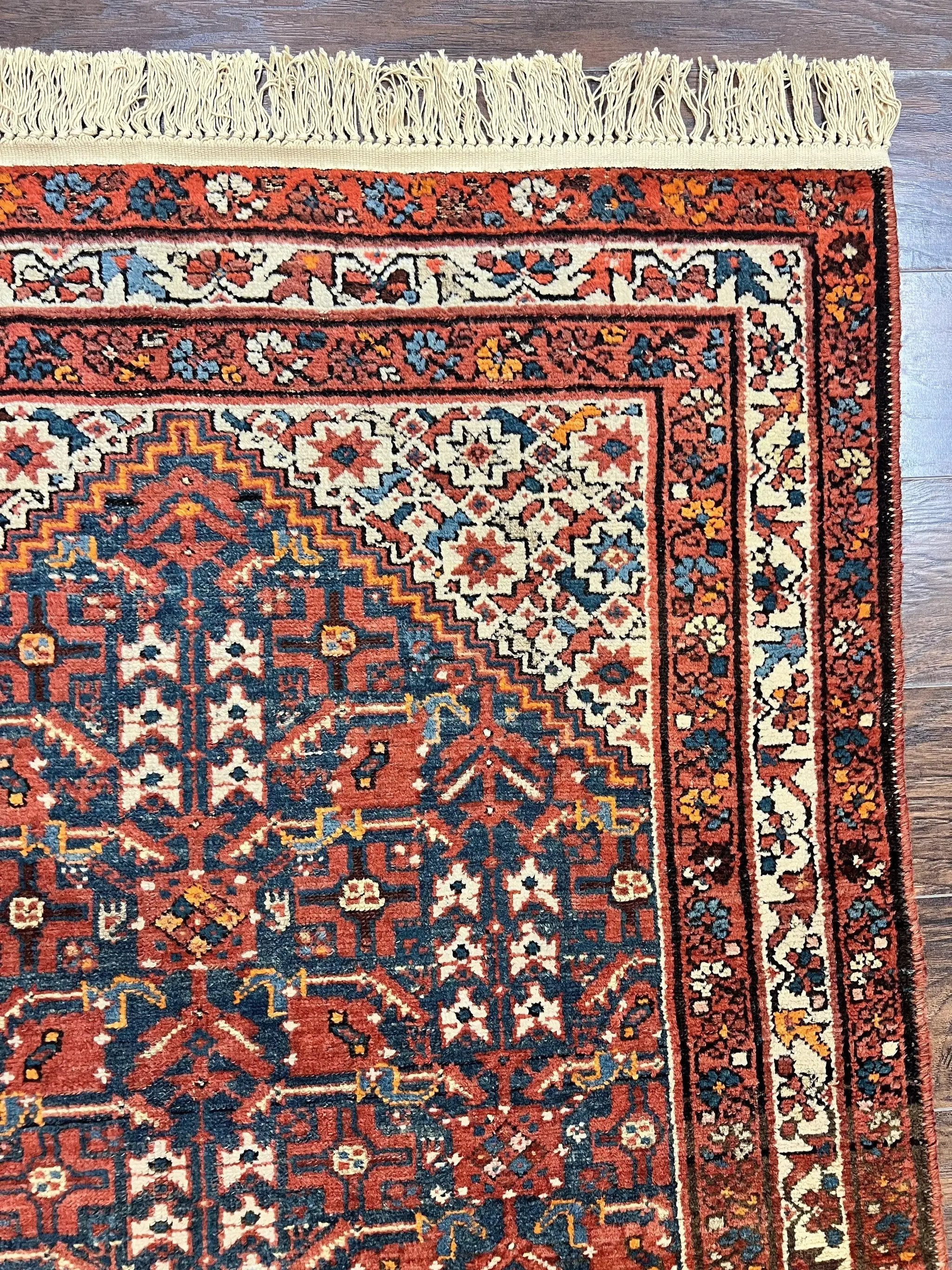 Persian Malayer Rug 4x7, Tribal Rug, Geometric, Antique Oriental Carpet, Red Blue Cream, Boho Rug, Hand Knotted Wool Rug by Jewel Rugs