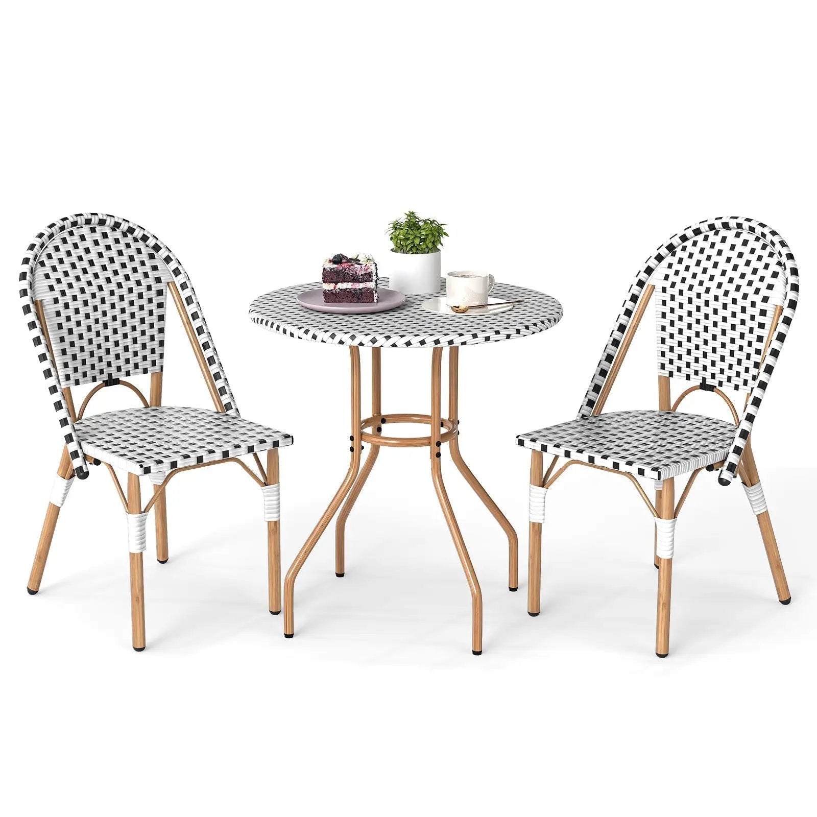 3 Piece French Bistro Table Chair Set with Outdoor Wicker Round Table and 2 Dining Chairs by DirectDeals