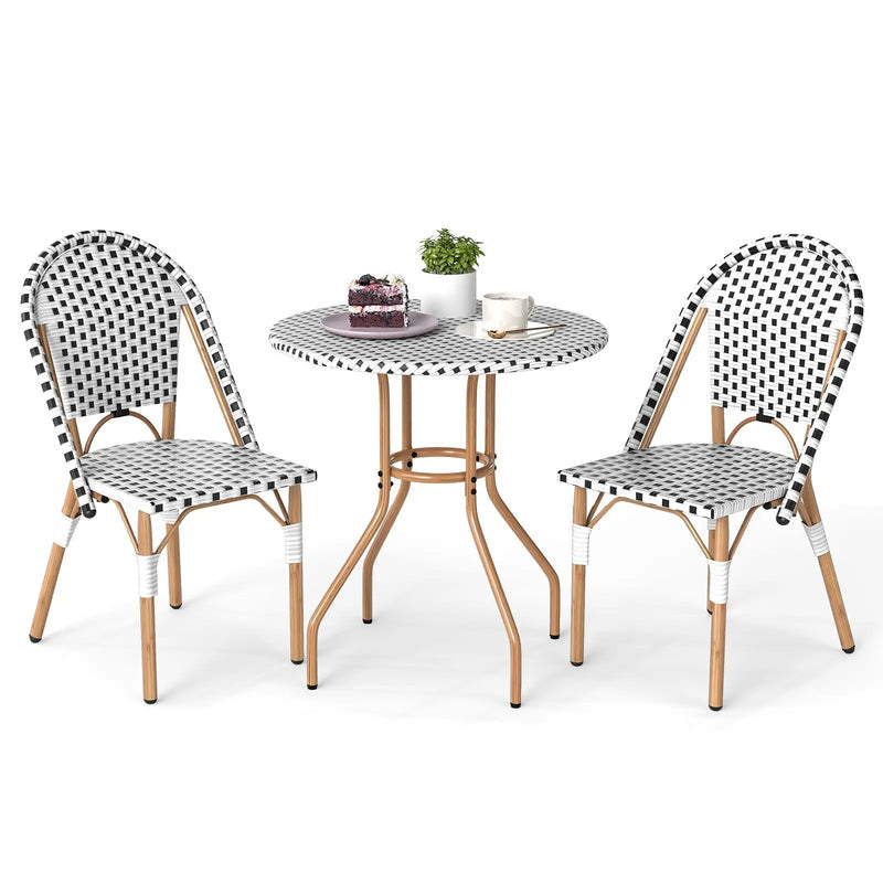 3 Piece French Bistro Table Chair Set with Outdoor Wicker Round Table and 2 Dining Chairs by DirectDeals