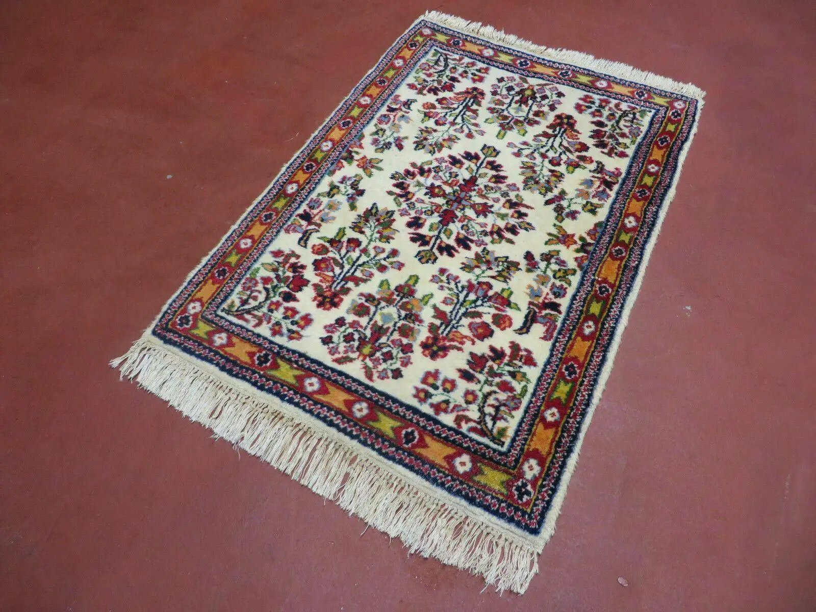 Small Persian Rug 2 x 3, Tiny Persian Sarouk Carpet, Cream Navy Blue Red, Floral Medallion, Vintage Wool Rug, Handmade Hand-Knotted Oriental Rug by Jewel Rugs