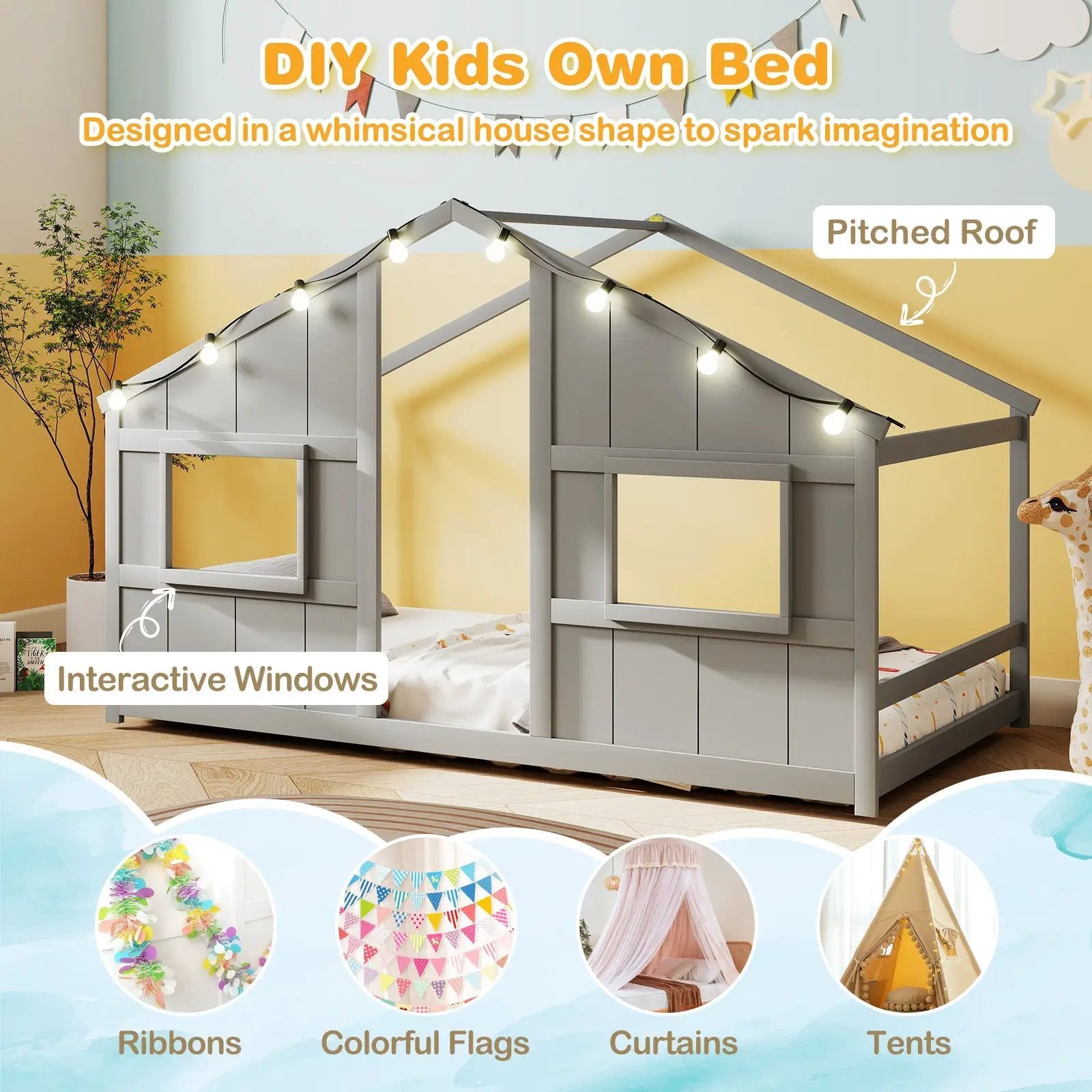 Twin Size House Bed with LED Lights Montessori Slat-free Floor Bed by DirectDeals