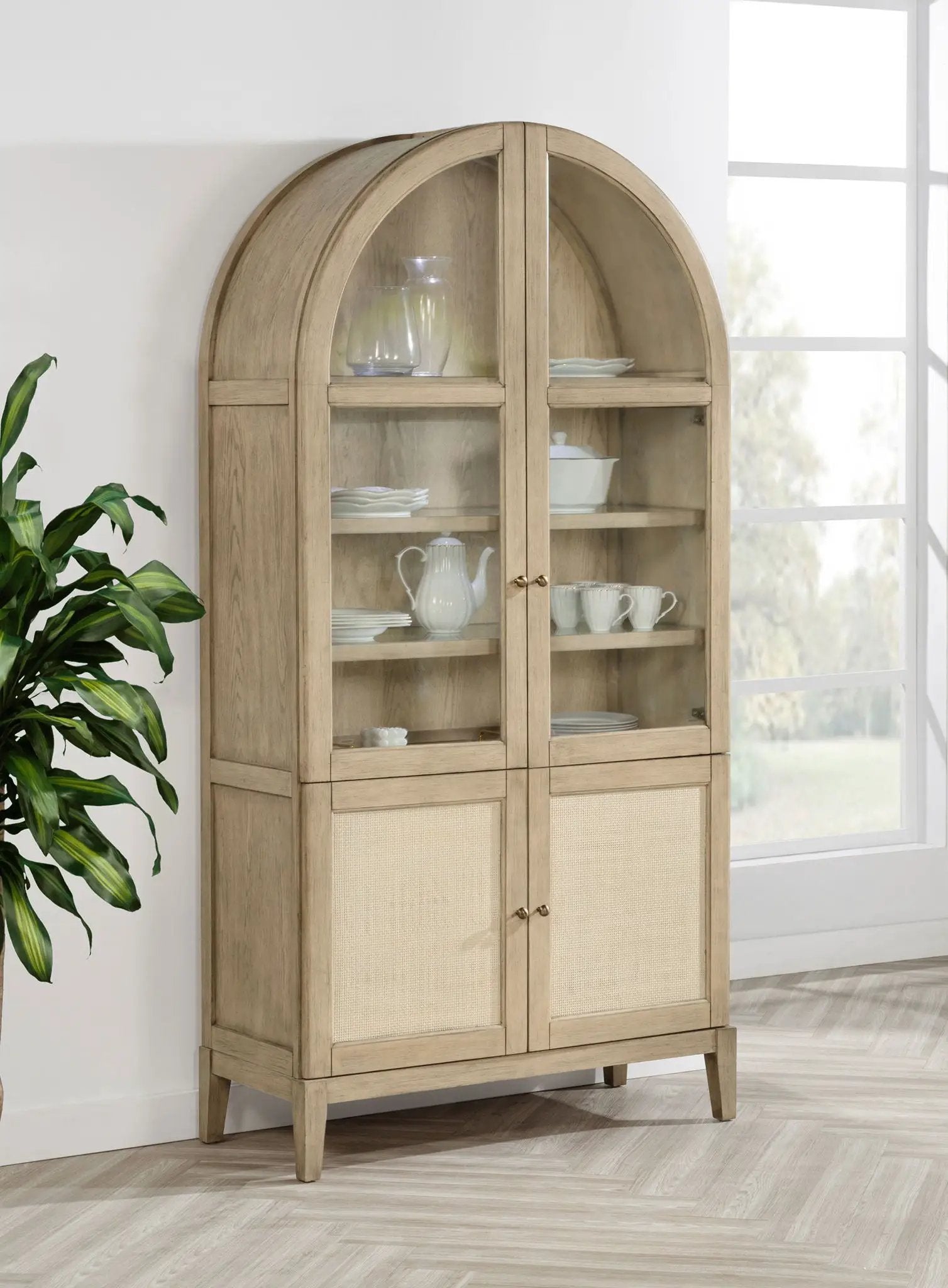 Kailani 4-Door Cane Dining Vitrine Display Cabinet Beige Oak by Unique Piece Furniture