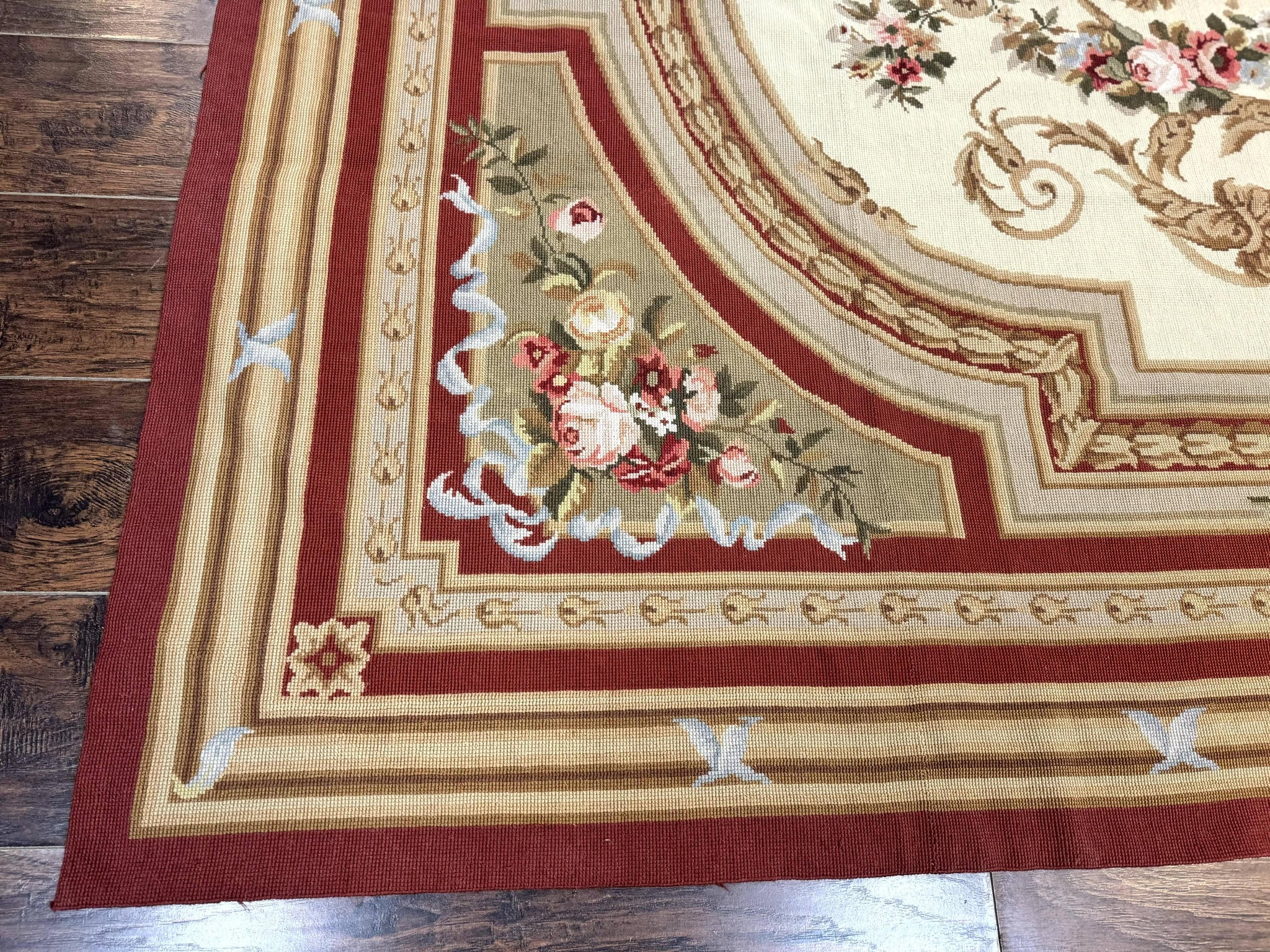 Aubusson Needlepoint Rug 9x11, Handmade Vintage Wool Flatweave Carpet, Elegant European Rug, Floral, Cream by Jewel Rugs