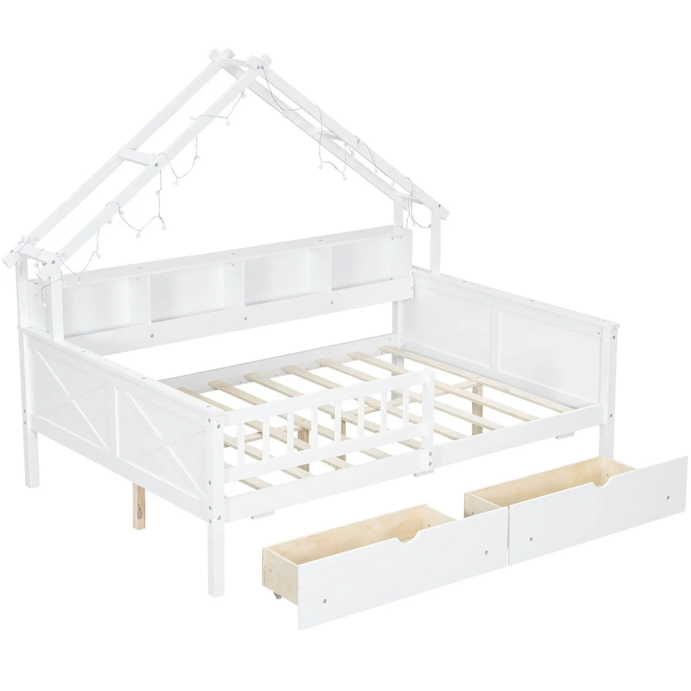 House Style Platform Bed With LED Lights, Storage Shelves, Drawers, And Guardrail by HouseOfZazla