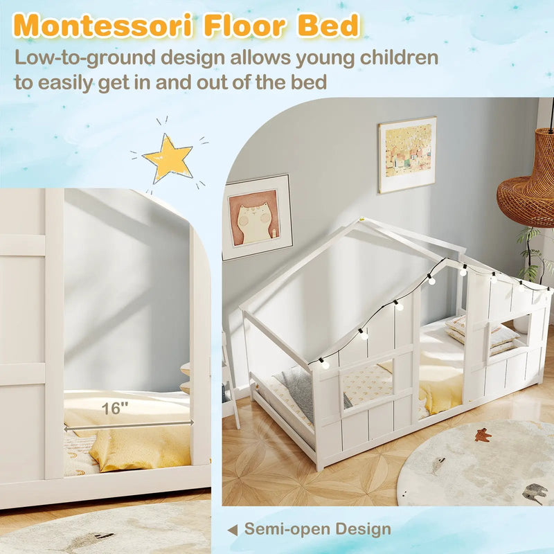 Twin Size House Bed with LED Lights Montessori Slat-free Floor Bed by DirectDeals