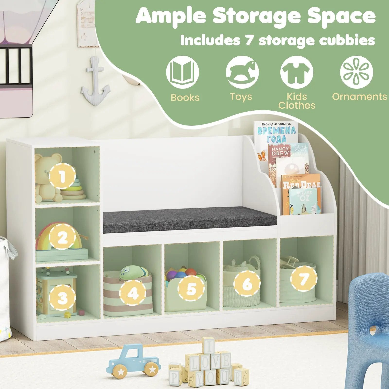 Kids Bookcase with Reading Nook 3-in-1 Standing Toy Organizer-White by DirectDeals