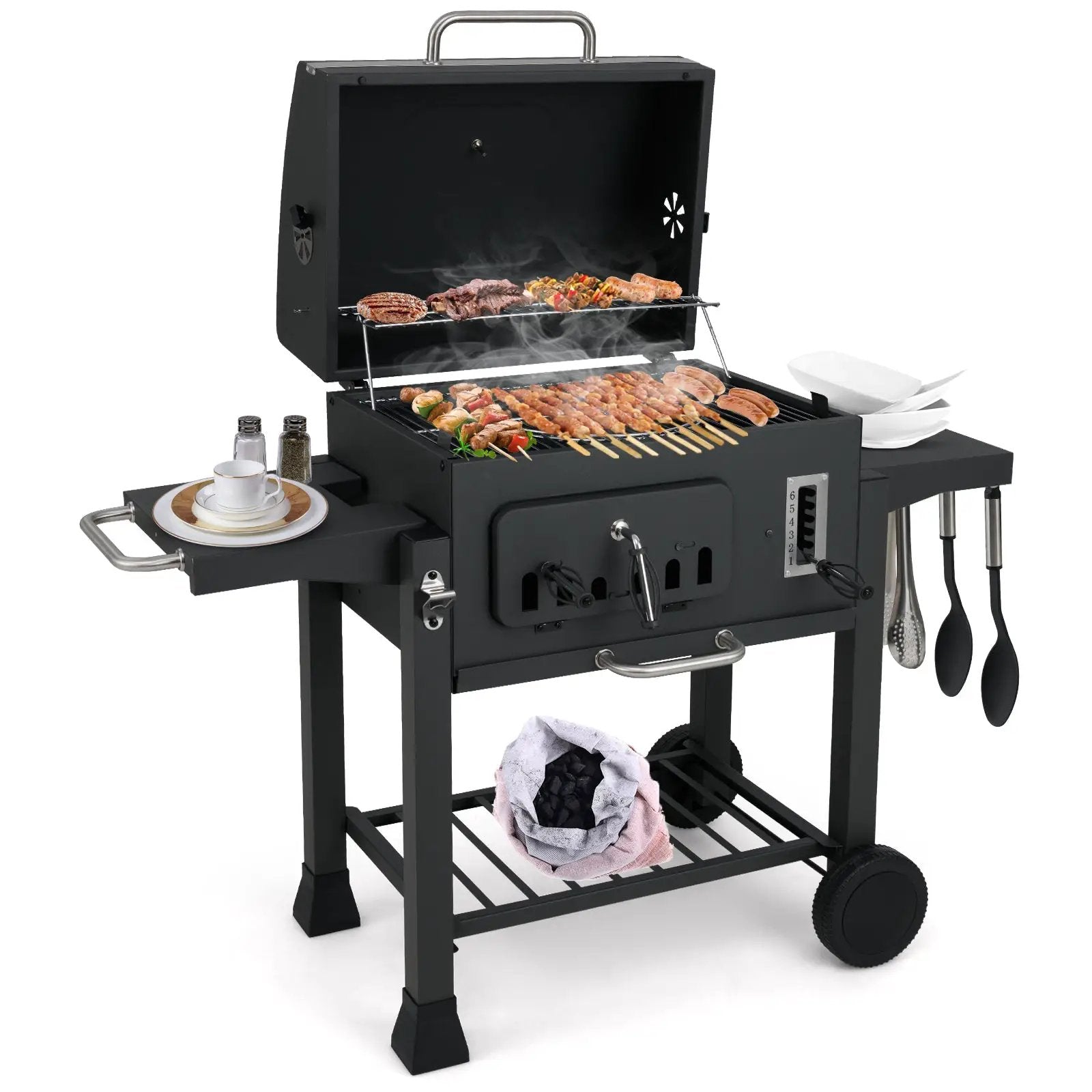 24-Inch Barrel Charcoal Grill with 2 Folding Side Tables and 544 sq.in Cooking Area by DirectDeals