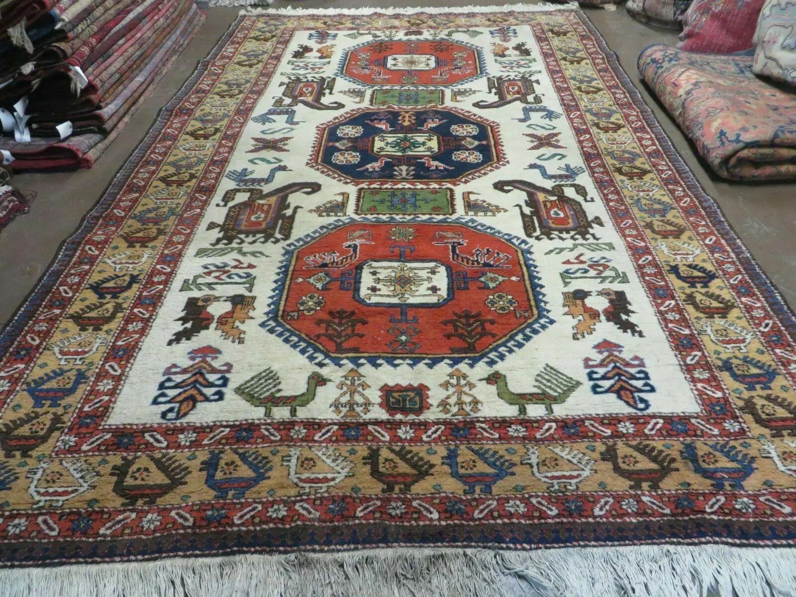 7' X 10' Vintage Handmade Knotted Turkish Wool Rug Birds Animal Ivory Organic by Jewel Rugs