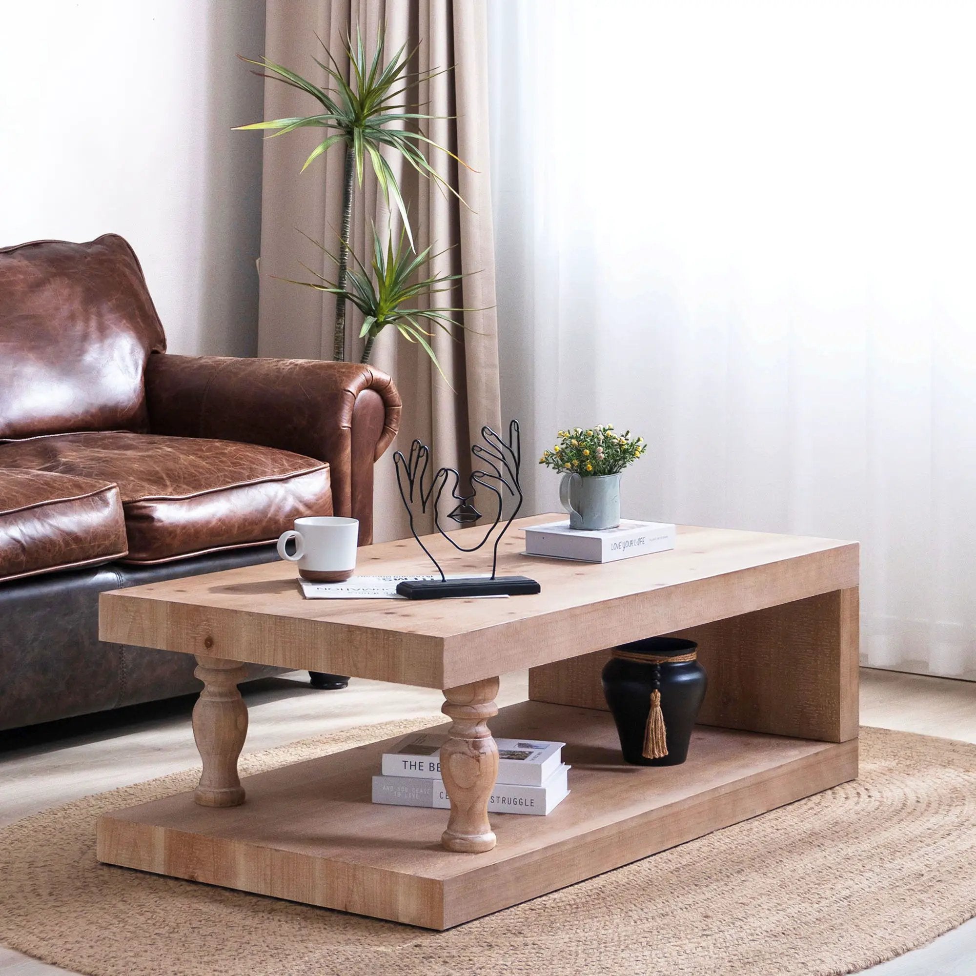 Rustic Solid Wood Coffee Table With Open Shelf, Modern Farmhouse Design - Light Natural / Natural by Unique Piece Furniture