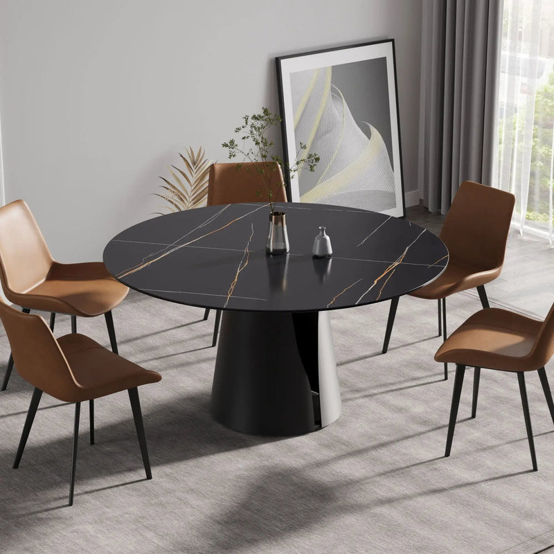 Modern Artificial Stone Round Carbon Steel Base Dining Table, Can Accommodate 6 People - Black / Gold by HouseOfZazla