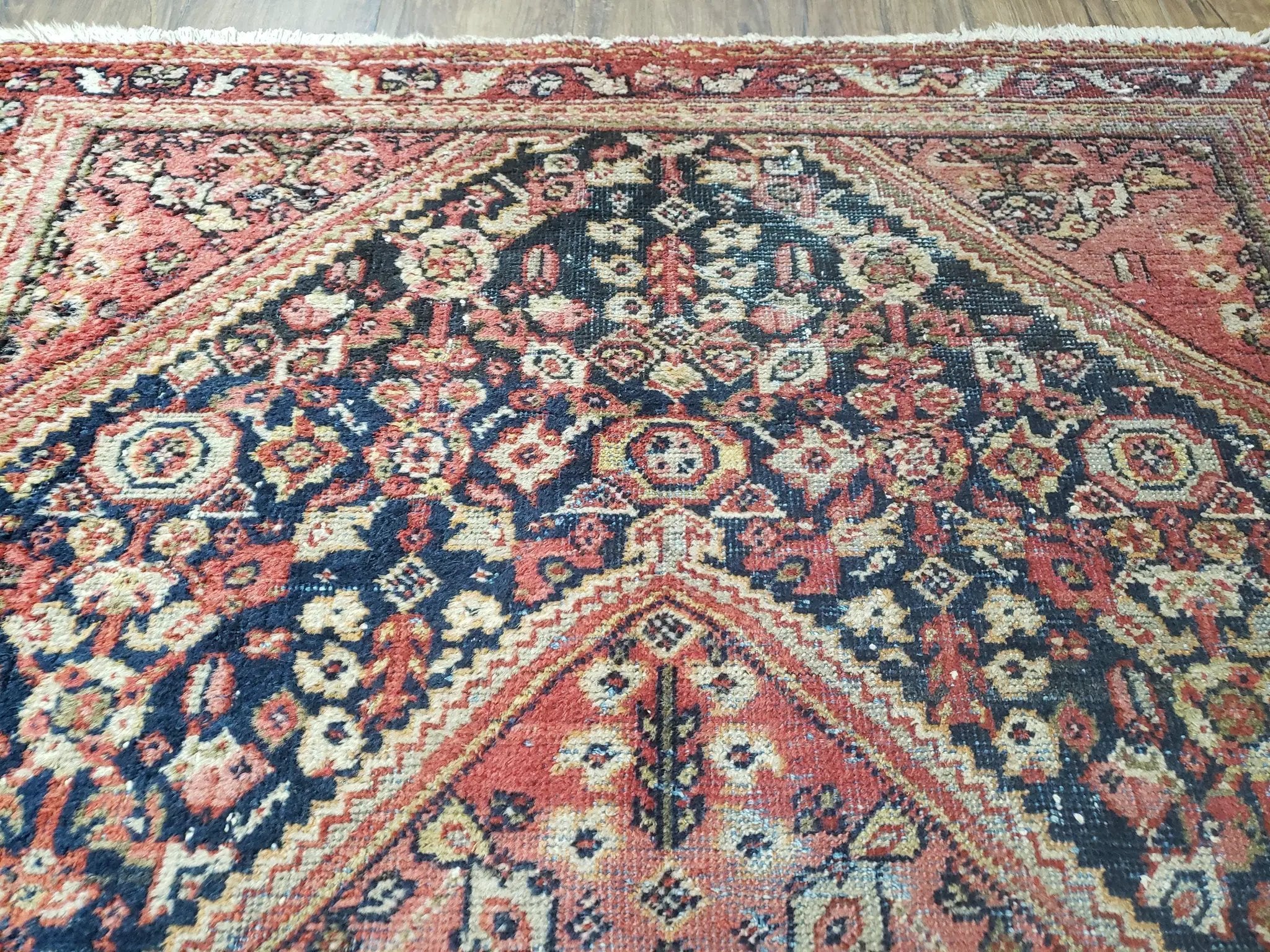 Antique Persian Mahal Area Rug 4.4 x 6.6, Wool Hand-Knotted Shabby Chic Oriental Rug, Red Black 1930s Foyer Room Carpet, Low Pile Boho Rug by Jewel Rugs