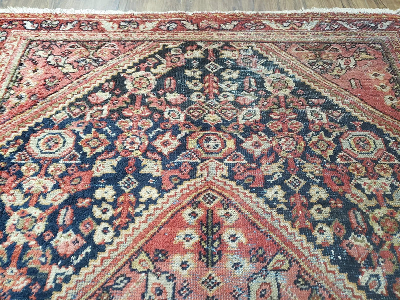 Antique Persian Mahal Area Rug 4.4 x 6.6, Wool Hand-Knotted Shabby Chic Oriental Rug, Red Black 1930s Foyer Room Carpet, Low Pile Boho Rug by Jewel Rugs
