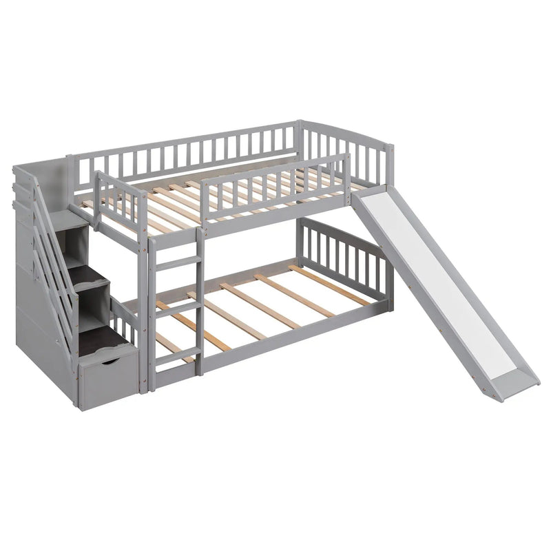 Twin Over Twin Bunk Stairway Bed With 2 Drawers And Slide - Gray by HouseOfZazla