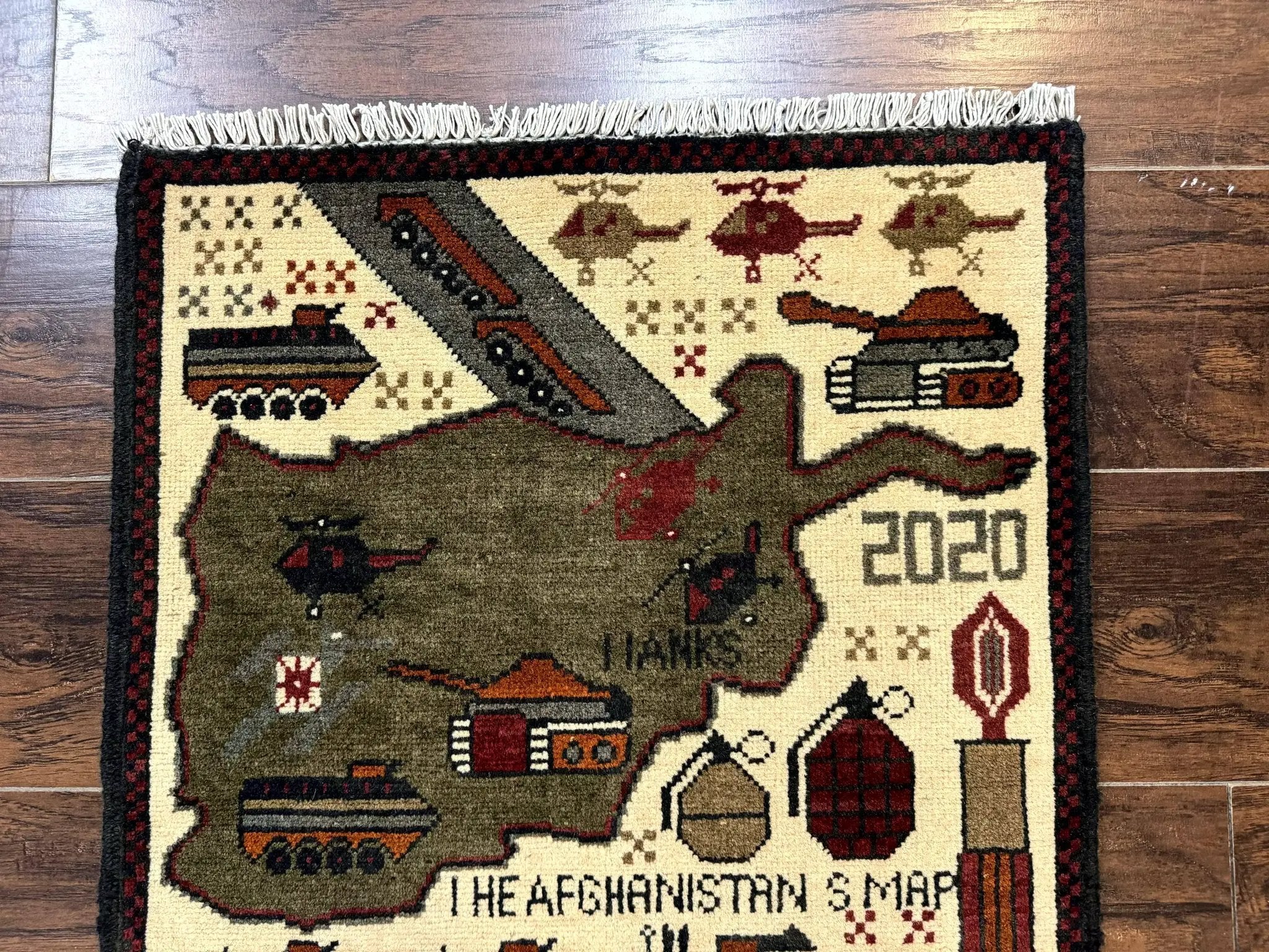Afghan War Rug, Tanks Helicopters Guns by Jewel Rugs