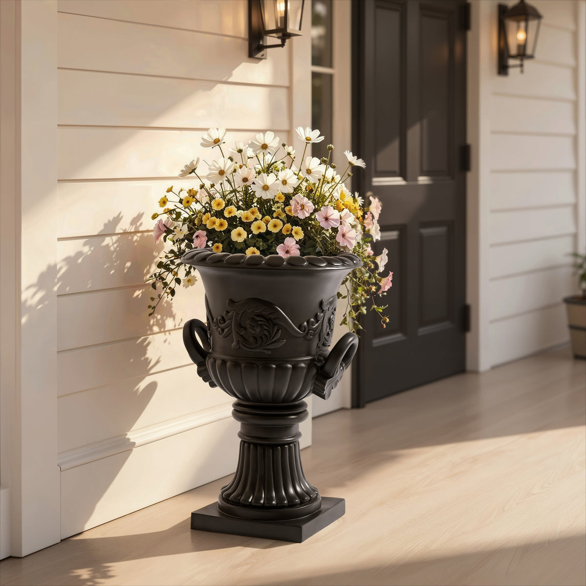 Classical Roman Pedestal Urn Decorative Outdoor Planter with Embossed Floral – Black, photo 2 of 8