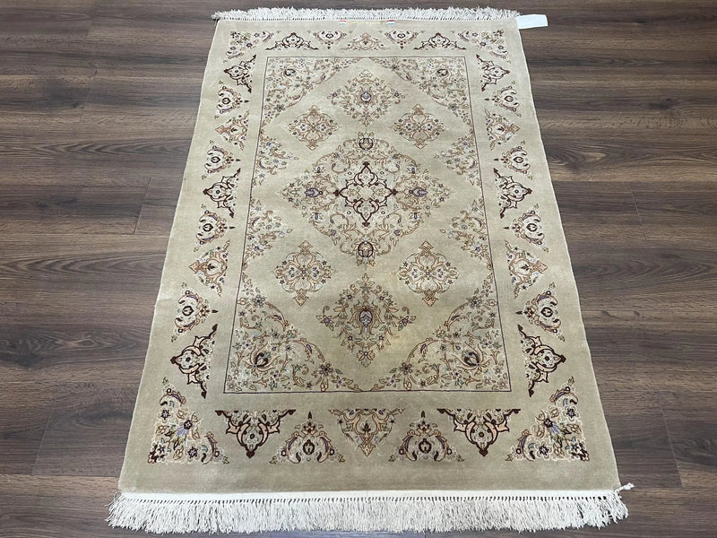 Very Fine Persian Isfahan Rug 3x5 ft with Signature, Kork Wool on Silk Foundation, Gray-Taupe Vintage Hand Knotted Oriental Carpet, 60 Raj 460 KPSI by Jewel Rugs