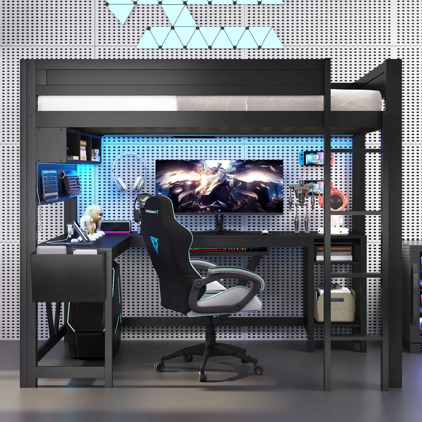 Gaming Loft Bed With Desk, Storage Shelves, LED And Charging Station by HouseOfZazla