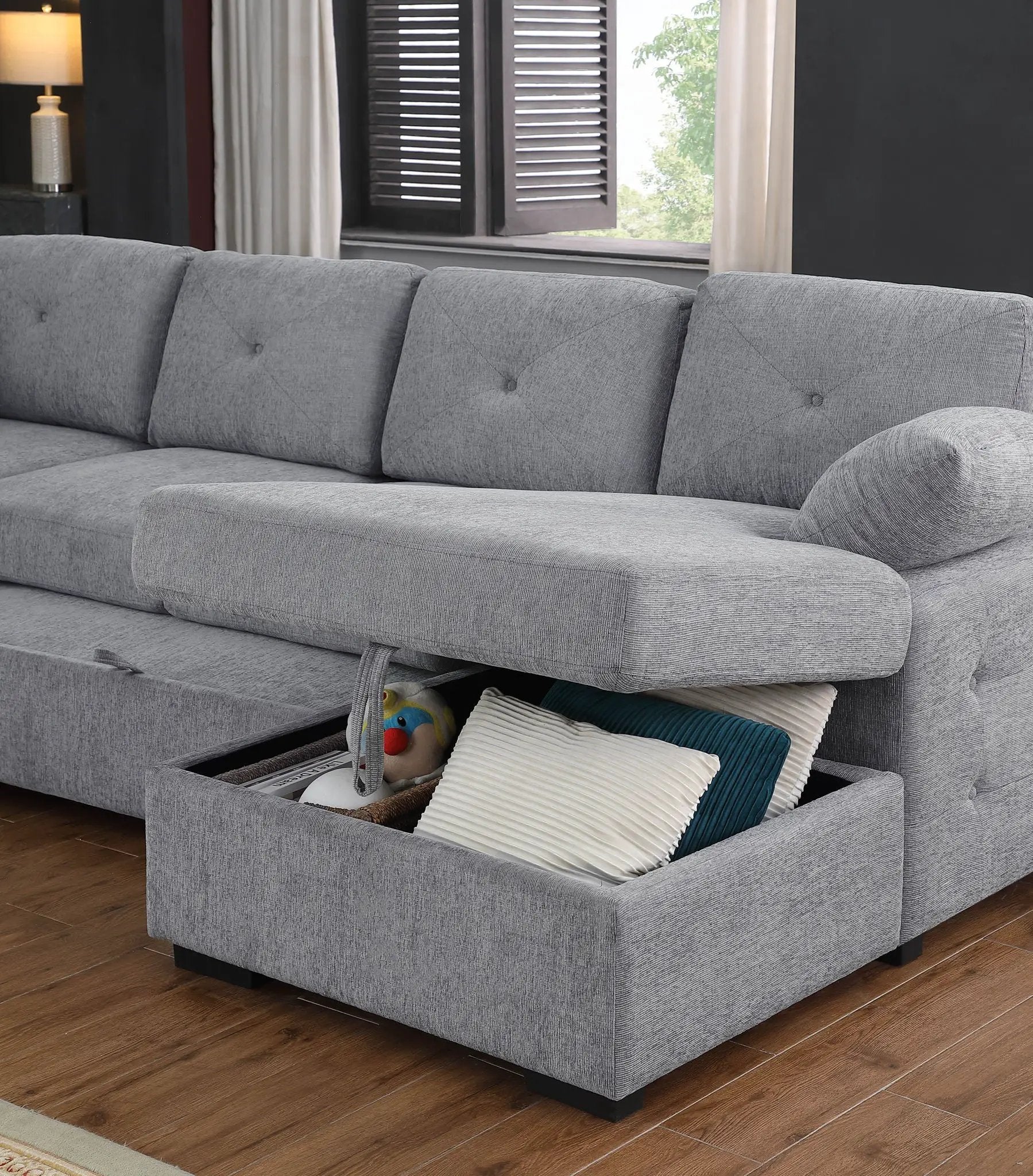 Nyhan - Upholstered Corner Sectional With Pull Out Loveseat And Storaged Chaise - Light Gray by HouseOfZazla