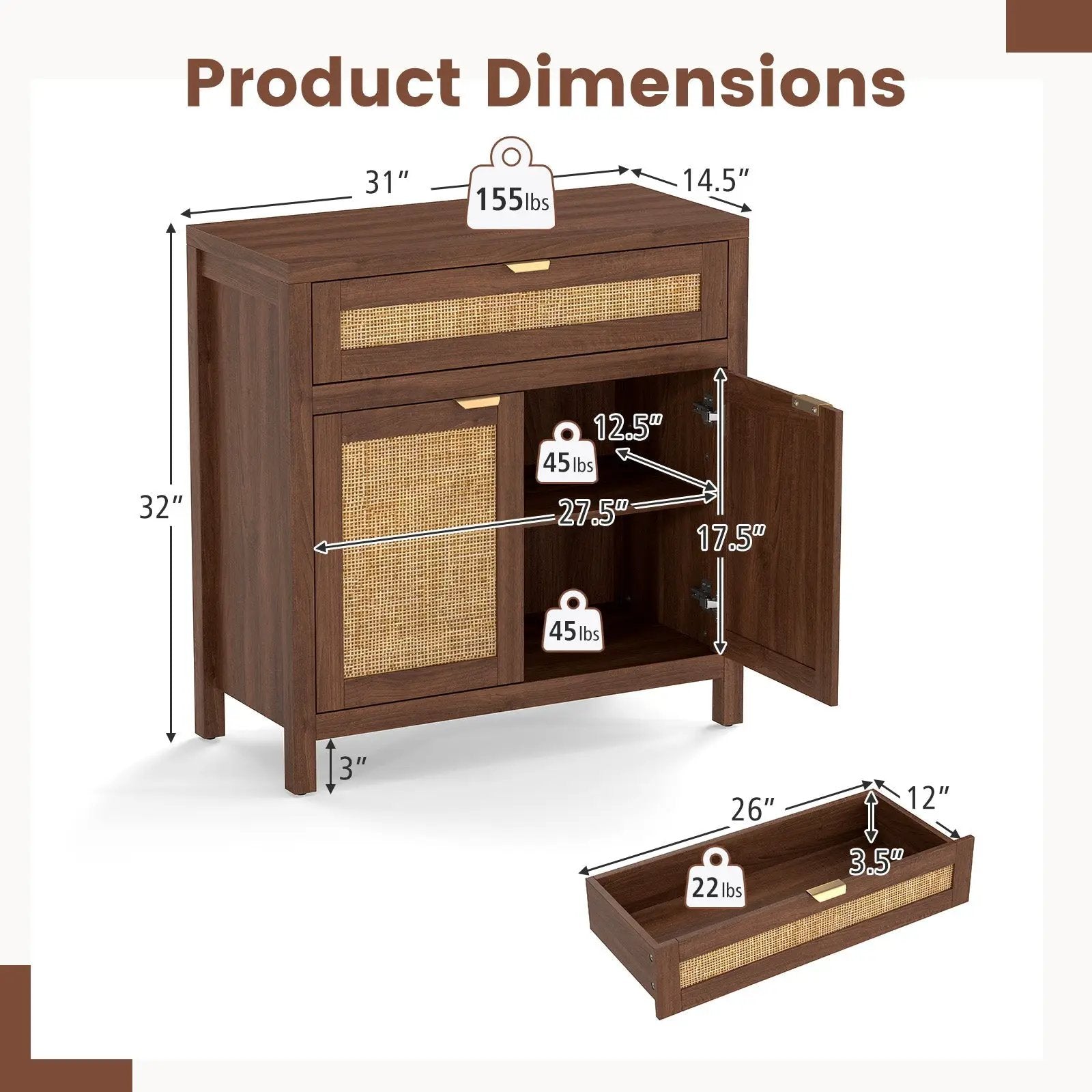 Sideboard Storage Cabinet with Rattan Doors and Drawer-Brown by DirectDeals
