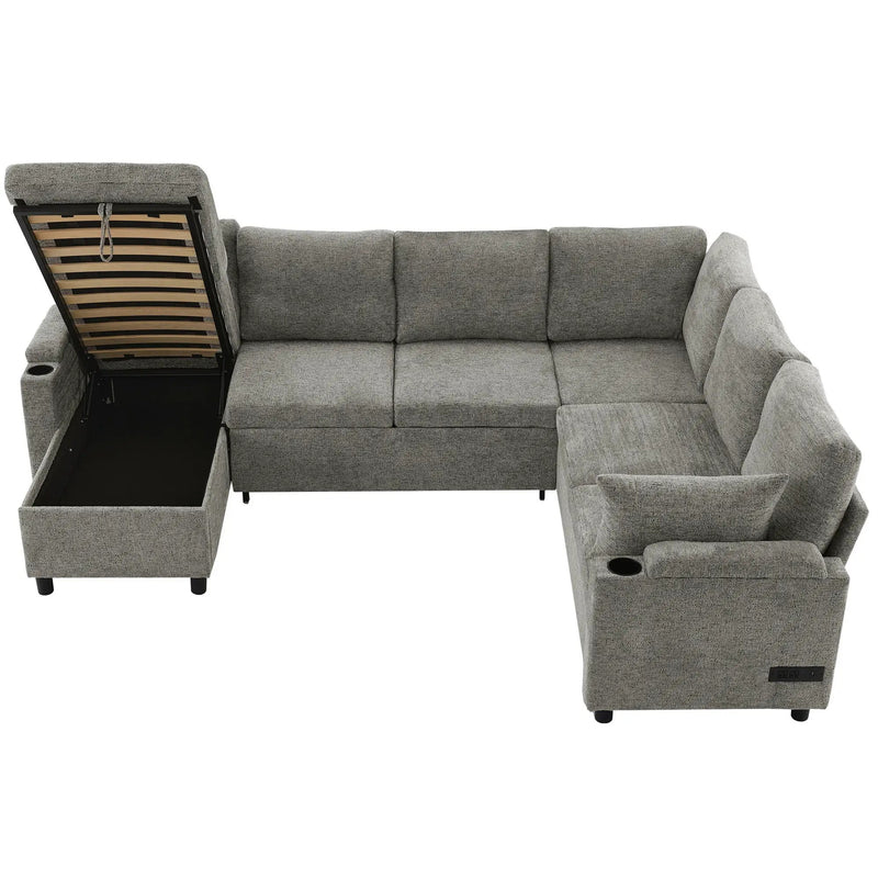 U-Shaped Sectional Sleeper Sofa With Ample Storage Space, 2 Cup Holders And Charging Ports For Living Room by HouseOfZazla