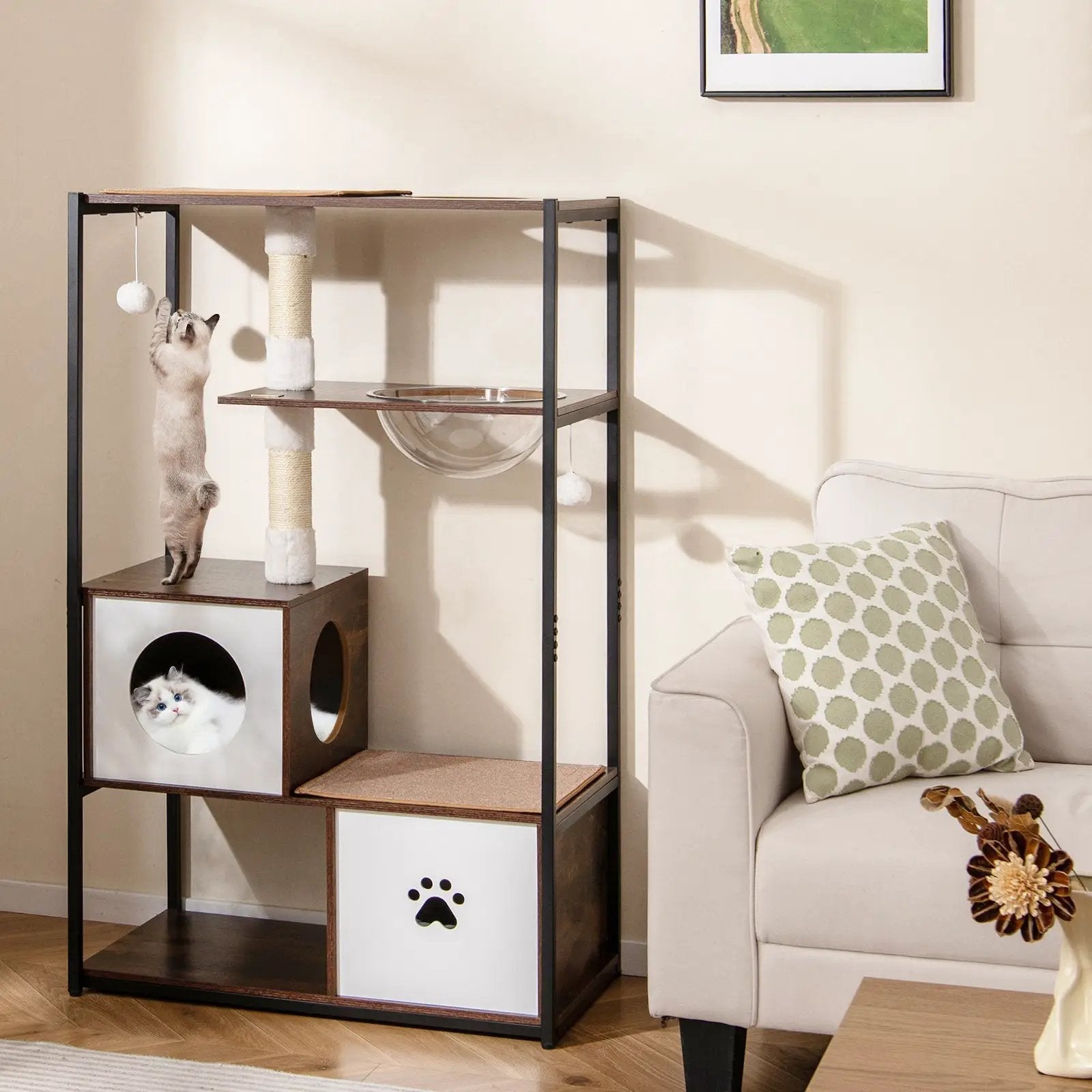 52 Inch Tall Wooden Cat Tree Metal Frame with 2 Condos and Cushions-Coffee by DirectDeals