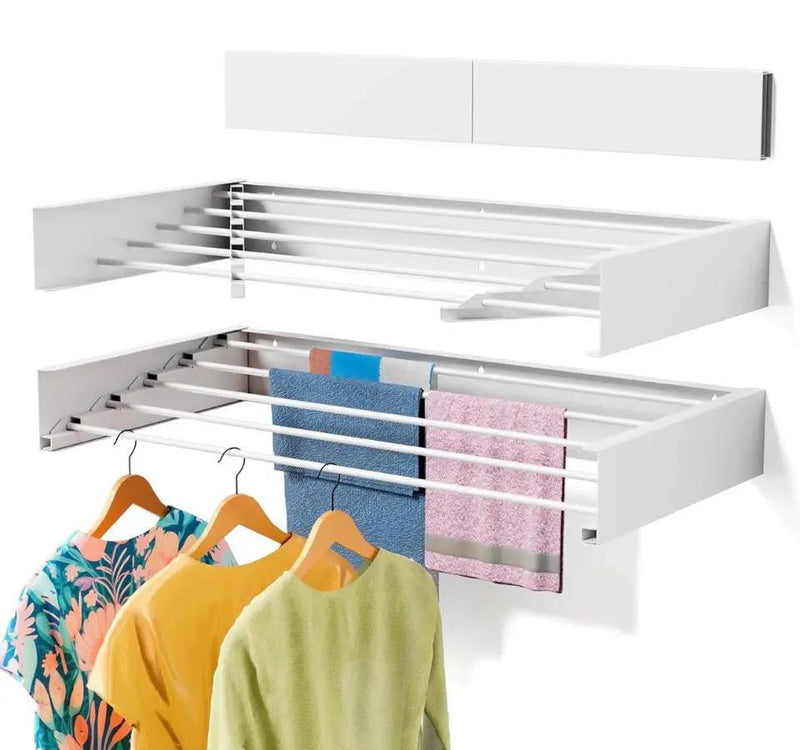 Open box ZMBESUP Laundry Drying Rack Collapsible, Wall Mounted, Clothes Drying Rack, 31.5" Wide, 13.2 Linear Ft, 5 Aluminum Rods, 60 lb Capacity, Laun by Selzalot
