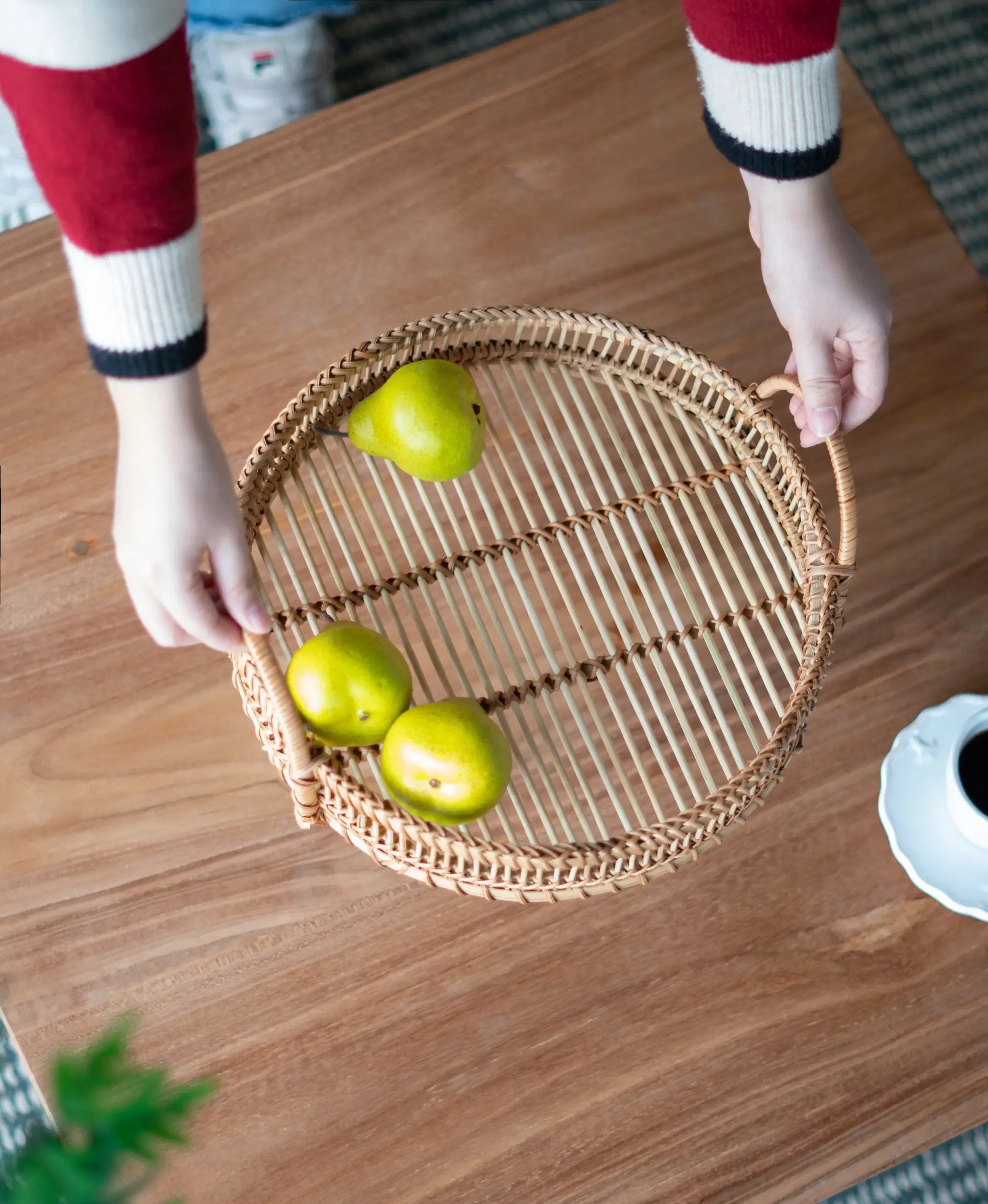 Set of 3 Round Decorative Brown Bamboo Woven Trays with Handles by HouseOfZazla